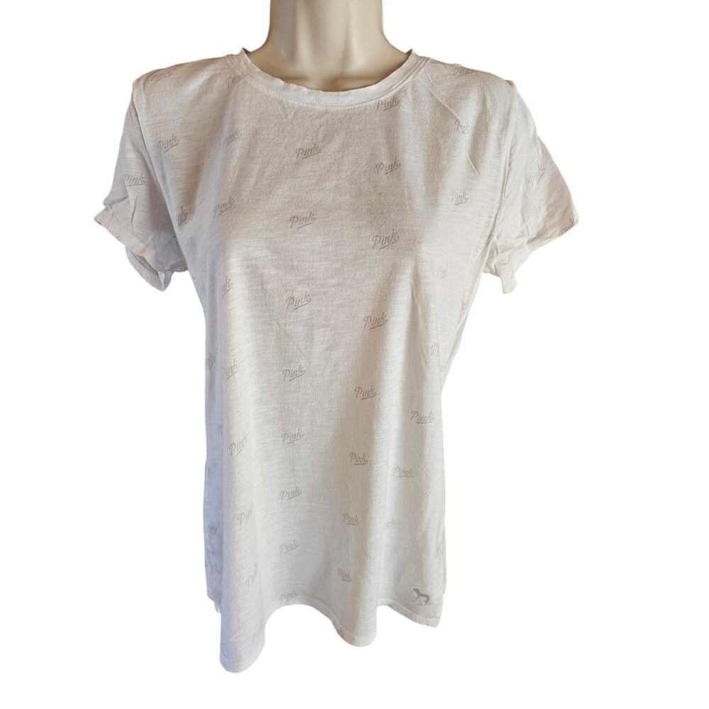 Victoria's Secret PINK logo spell out all over print white y2k 90s tee small EUC